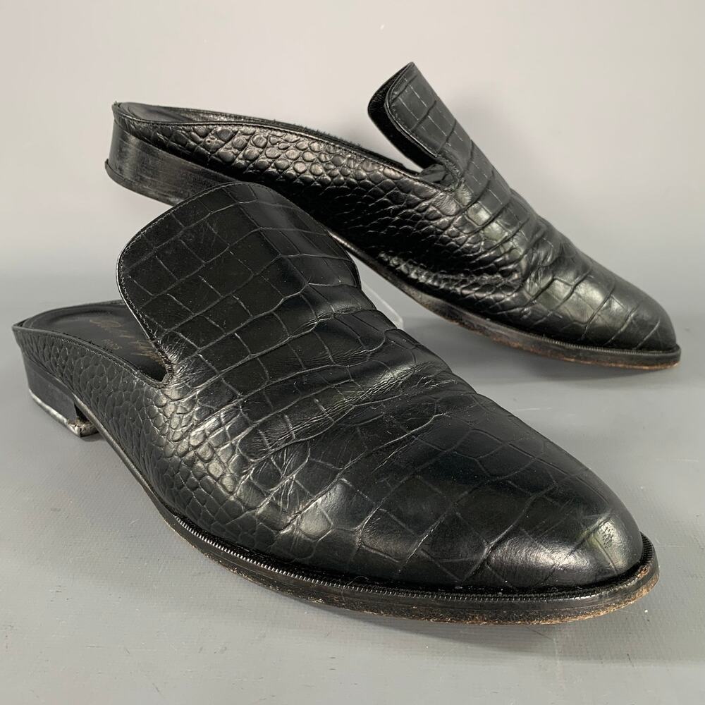 ROBERT CLERGERIE Size 10.5 Black Leather Croc Embossed Embossed Mules Flats